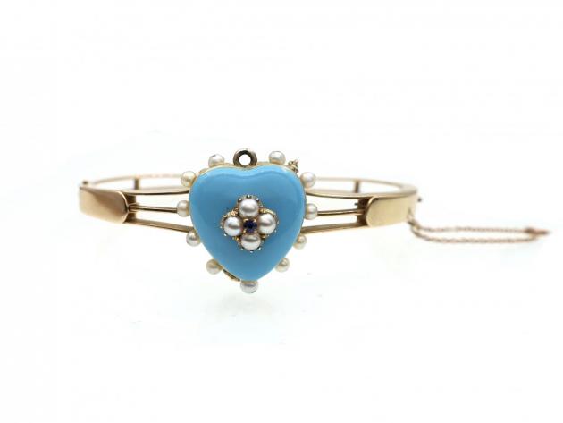 Antique blue enamel heart keepsake bangle in yellow gold