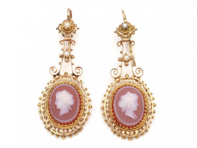 Antique French hard stone cameo drop earrings