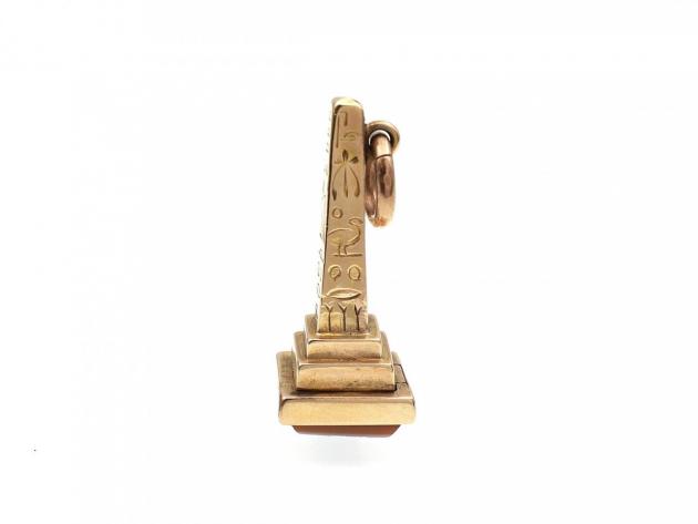 Egyptian revival yellow gold Obelisk pendant with sardonyx base