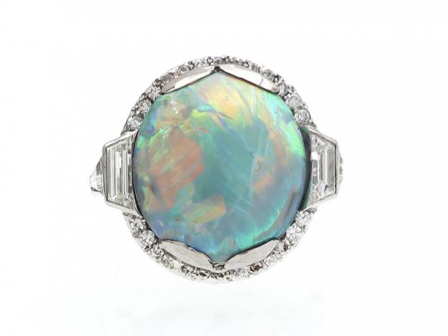 Art Deco precious harlequin opal and diamond ring