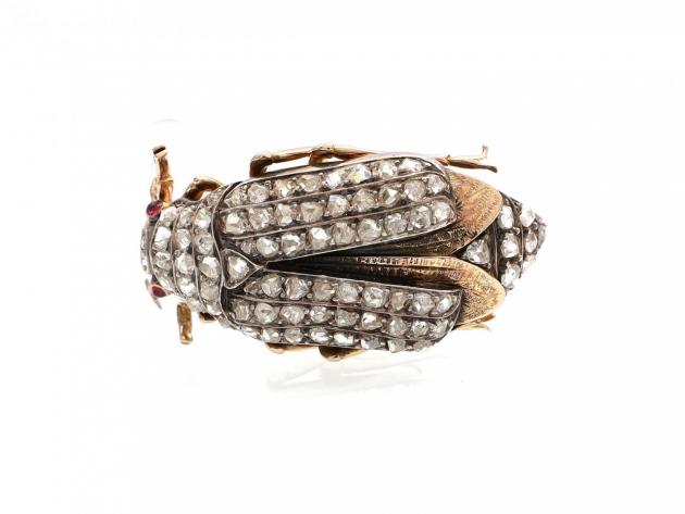 Victorian diamond set Carrion beetle brooch in silver and gold