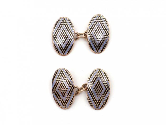 Antique 9kt yellow gold double oval blue and black enamel cufflinks