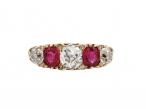 Victorian diamond and Burmese ruby five stone carved ring