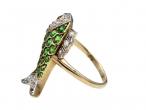 1920s demantoid garnet, diamond and ruby flying fish ring in gold