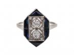 Art Deco hexagonal diamond and sapphire cluster ring in platinum