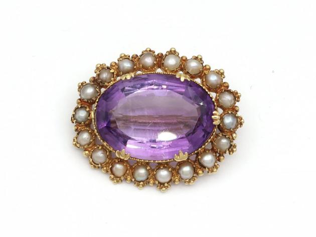 Antique oval amethyst and seed pearl brooch in gold