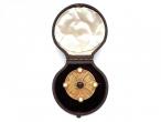 Etruscan revival garnet and pearl locket brooch in yellow gold