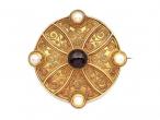 Etruscan revival garnet and pearl locket brooch in yellow gold
