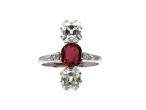 Art Deco ruby and diamond vertical three stone ring in platinum
