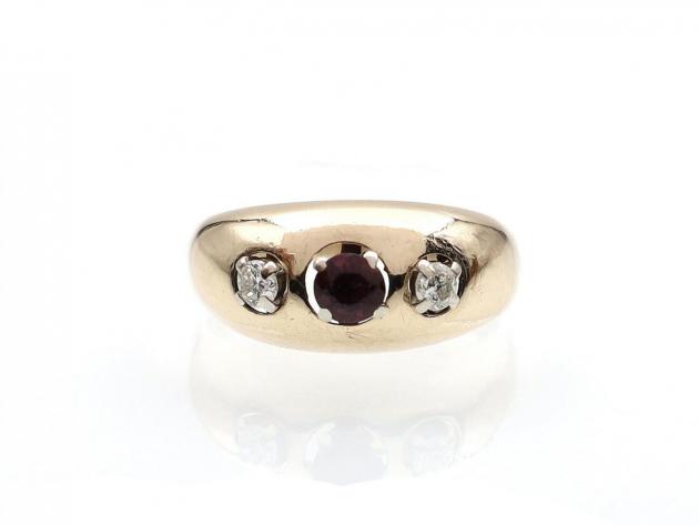 1970s ruby and diamond three stone bombé ring in gold