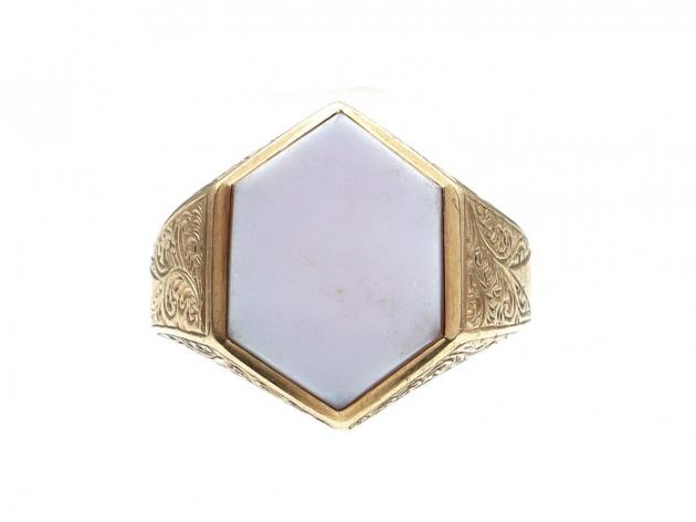 Antique hexagonal sardonyx signet ring in yellow gold