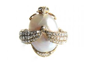 French Art Nouveau praying mantis pearl and diamond ring