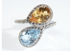 Citrine and blue topaz two stone crossover dress ring