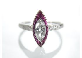 1920s marquise diamond and ruby target ring in platinum