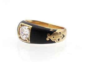 1885 Old Mine cut diamond and black enamel gold ring