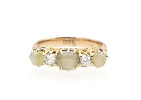 Victorian cat's eye chrysoberyl and diamond five stone ring in gold