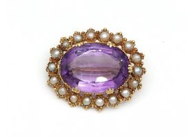 Antique oval amethyst and seed pearl brooch in gold