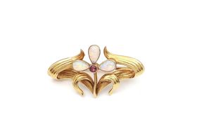 Art Nouveau ruby and opal flower brooch in 15kt yellow gold