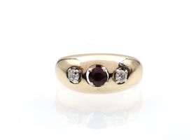 1970s ruby and diamond three stone bombé ring in gold