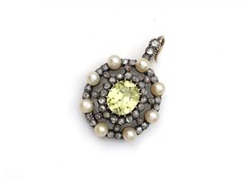 Antique chrysoberyl diamond and pearl cluster pendant