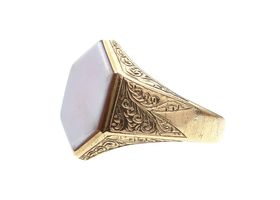 Antique hexagonal sardonyx signet ring in yellow gold
