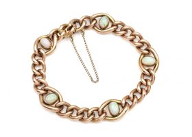 Antique 9kt rose gold and opal curb bracelet with safety chain