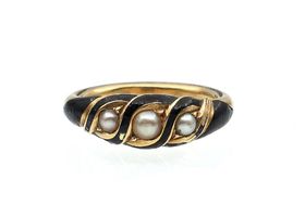 Victorian natural pearl and black enamel memorial ring