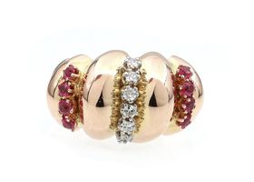 1940s diamond and ruby twisted cocktail ring in gold
