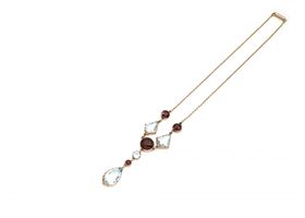 Arts and crafts aquamarine and almandine garnet drop necklace in gold