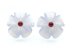 Retro carved chalcedony and ruby flower earrings
