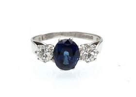 1970s sapphire and diamond three stone ring in white gold