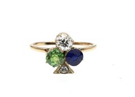 Edwardian trefoil diamond, demantoid garnet and sapphire cluster ring