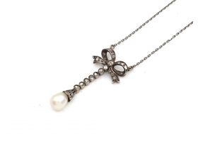 Edwardian rose cut diamond and pearl bow necklace
