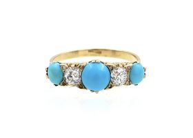 Victorian turquoise and diamond five stone carved ring