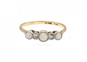 Edwardian opal and diamond five stone ring in platinum and 18kt yellow gold