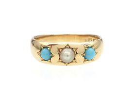 Victorian pearl and turquoise three stone gypsy ring in gold