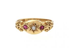 Victorian diamond and ruby three stone gypsy ring