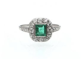 Art Deco emerald and diamond octagonal cluster ring