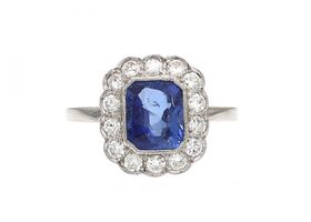 Art Deco Burmese sapphire and diamond floral cluster ring