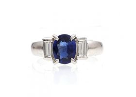 Vintage sapphire and diamond three stone ring in platinum