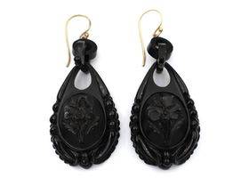 Victorian carved Whitby jet drop earrings