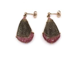 Vintage carved watermelon tourmaline drop earrings