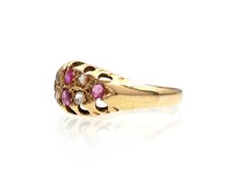 Antique 18kt yellow gold ruby and diamond navette cluster ring