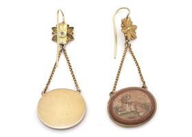 Antique micro mosaic dog drop earrings in yellow gold