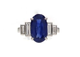 Ceylon sapphire and baguette cut diamond step ring