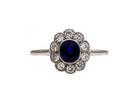 Edwardian sapphire and diamond floral cluster ring in platinum