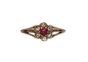 Victorian ruby and diamond floral cluster ring in yellow gold