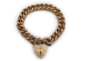 Antique curb polished and engraved link bracelet with engraved heart lock