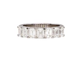 18kt white gold and diamond emerald cut seven stone ring