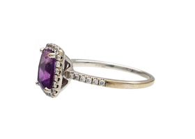 Modern amethyst and diamond halo ring in 18kt white gold